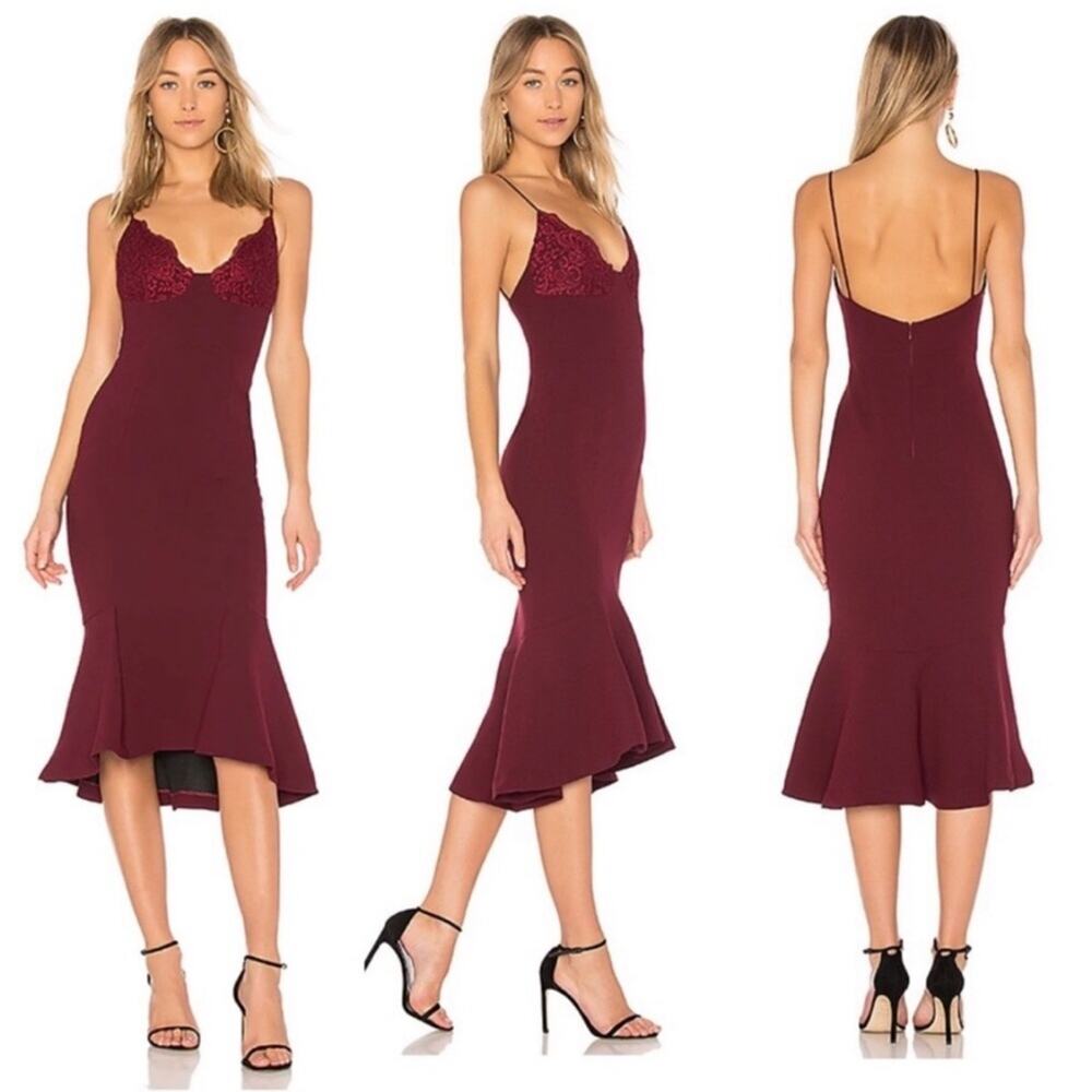 NICHOLAS maroon wine lace trim sleeveless tuck hem midi dress size 0